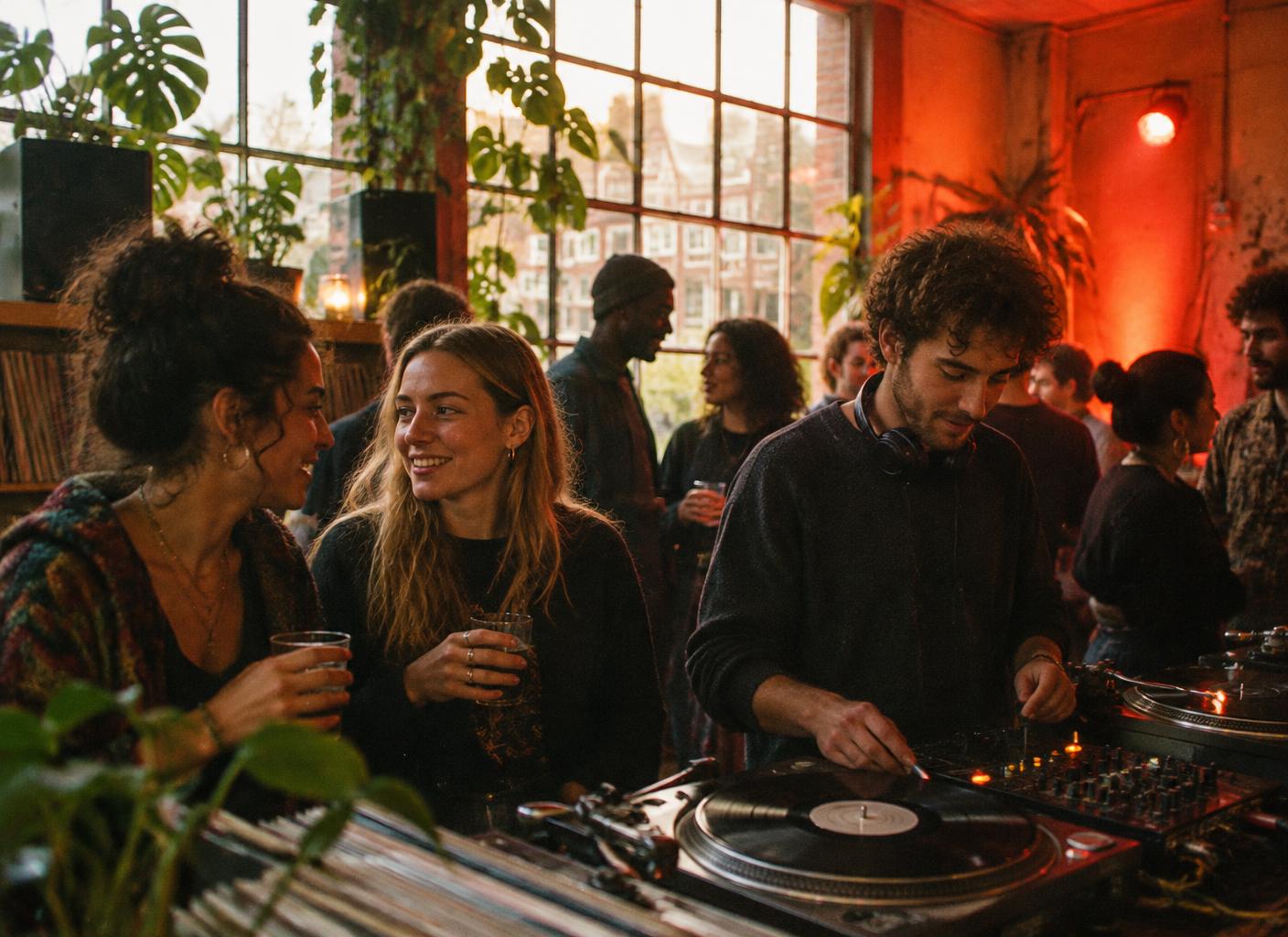People connecting and playing records at an intimate studio gathering